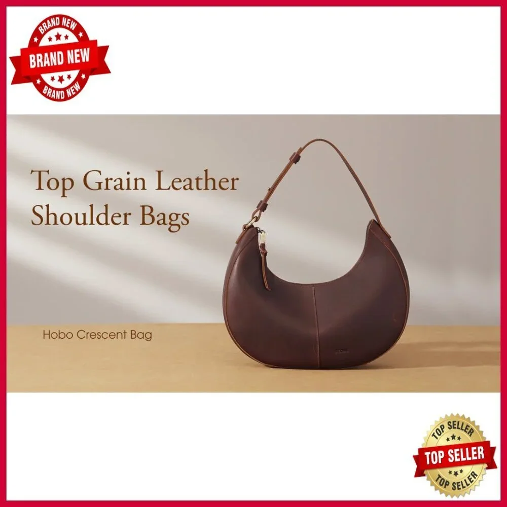 Top Grain Leather Hobo Shoulder Bag Adjustable Strap 3 Pockets